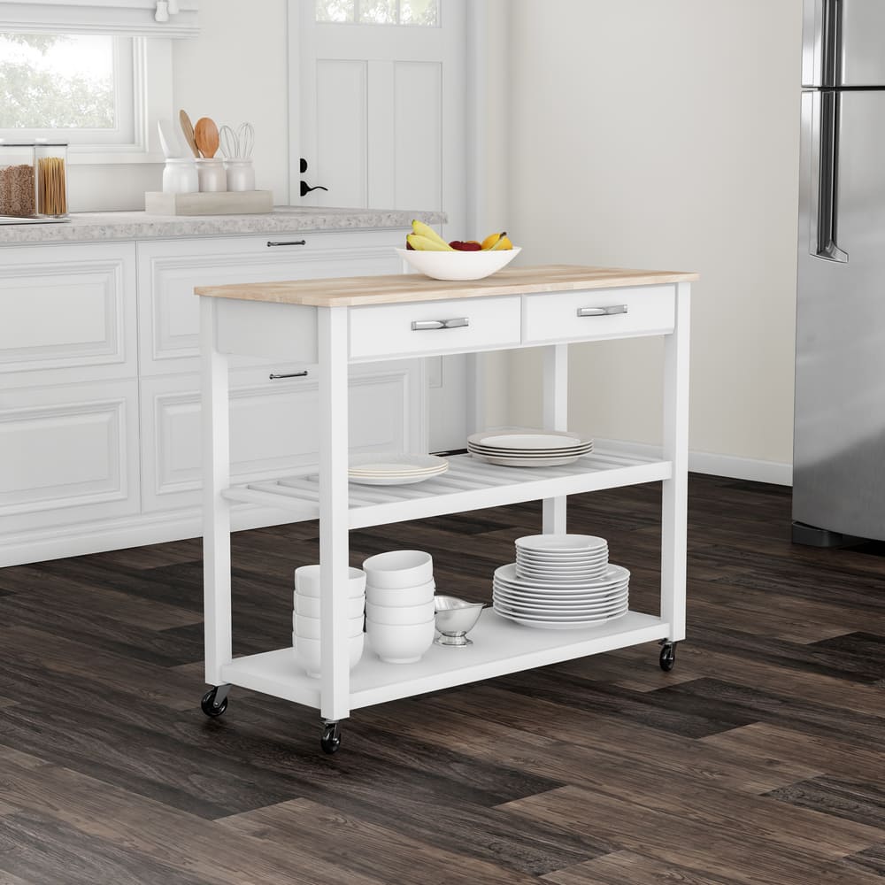 Crosley Natural Wood Top Kitchen Cart/ Island With Optional Stool Storage in White Finish - 17"d x 43"w x 35"h