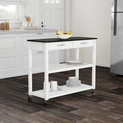 Crosley Solid Black Granite Top Kitchen Cart/ Island With Optional Stool Storage in White Finish - 17"d x 43"w x 35"h