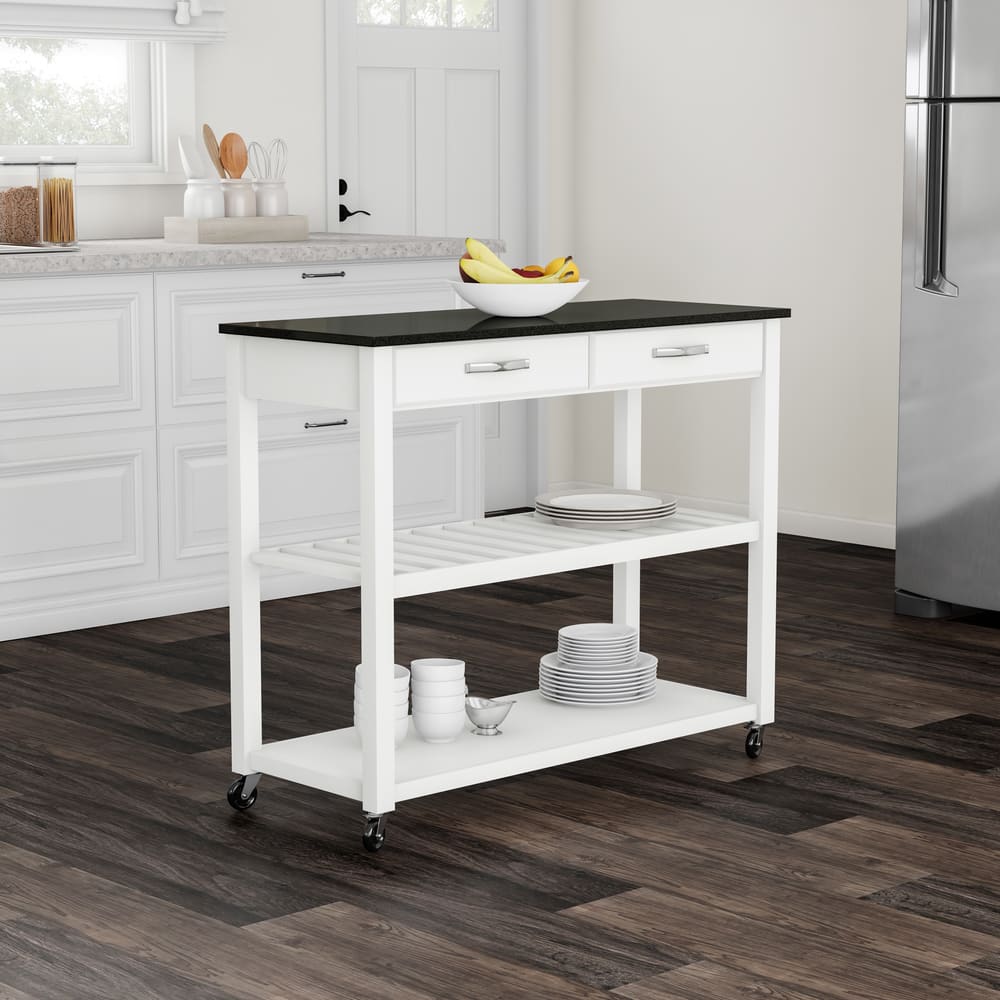 Crosley Solid Black Granite Top Kitchen Cart/ Island With Optional Stool Storage in White Finish - 17"d x 43"w x 35"h