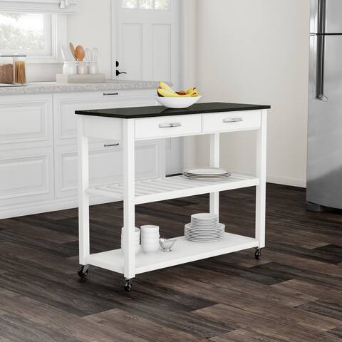 Porch & Den Keap Solid Black Granite Top Kitchen Cart/ Island With Optional Stool Storage in White Finish