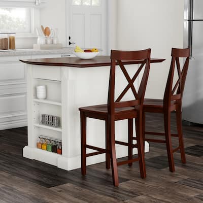 Copper Grove Sumpter Drop Leaf Breakfast Bar Top Kitchen Island in White Finish with 24" Cherry X-Back Stools - N/A