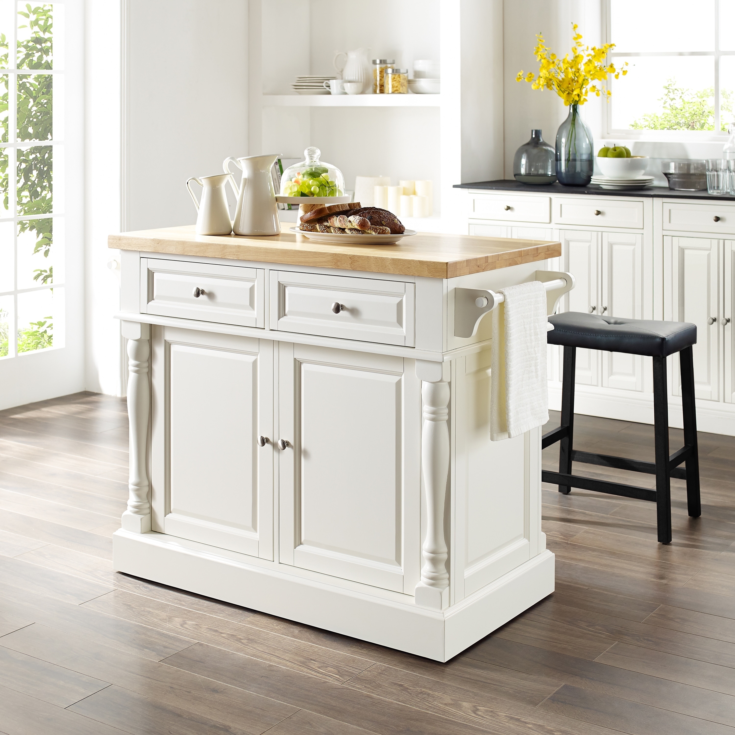 Shop Black Friday Deals On Copper Grove Kalesar Butcher Block Top White Kitchen Island With 24 Inch Black Upholstered Saddle Stools Overstock 20931614