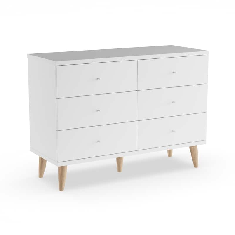 DH BASIC Mid-Century Modern White 47-inch Wide 6-Drawer Dresser with Knobs by Denhour