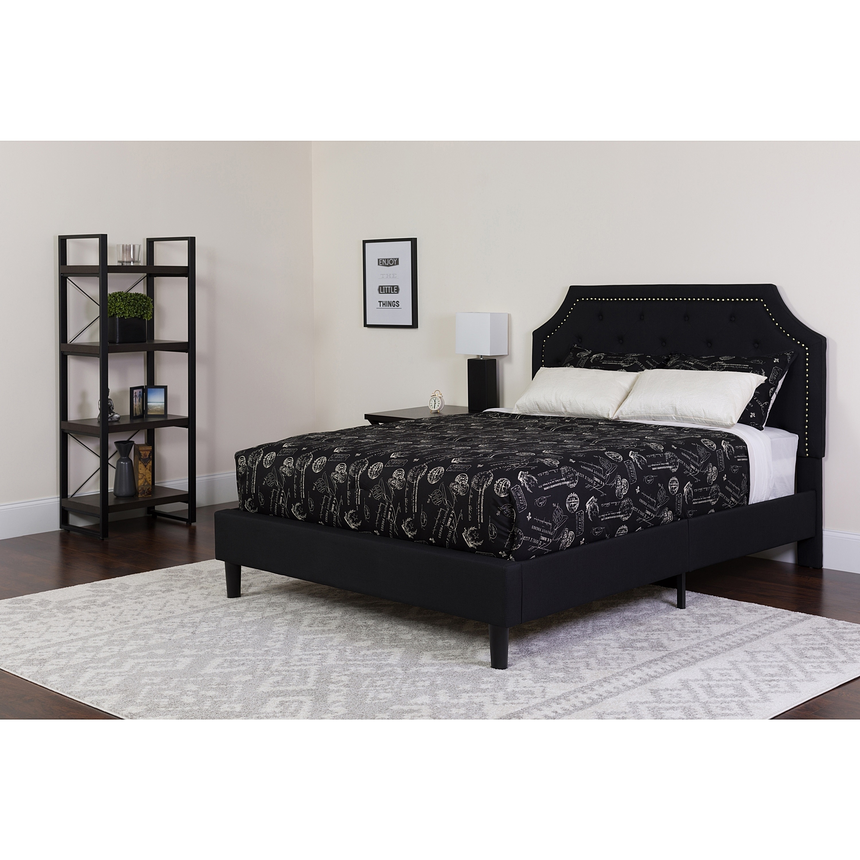 Reno Full Size Black Fabric Platform Bed with Button Tufted 
