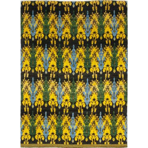 Oriental Ikat, One-of-a-Kind Hand-Knotted Area Rug - Green, 12' 1" x 15' 5" - Yellow - 12 x 15