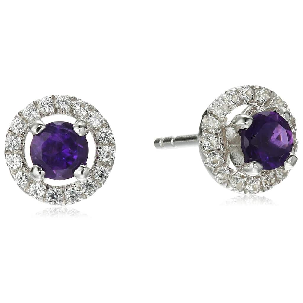 Sterling Silver Created White Sapphire Halo Stud Earrings - Purple