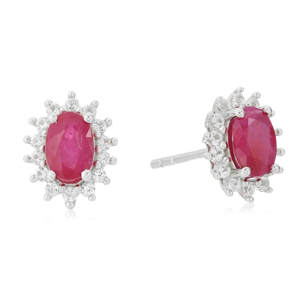 Sterling Silver Ruby & Created White Sapphire Oval Halo Stud Earrings - Red