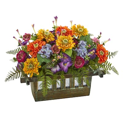 Mixed Floral Artificial Arrangement in Rectangular Wood Planter - h: 14 in. w: 20 in. d: 13 in