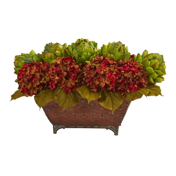 Hydrangea & Artichokes Artificial Arrangement in Metal Planter - h