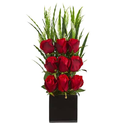Elegant Rose Artificial Arrangement in Black Vase - h: 20 in. w: 7 in. d: 5 in