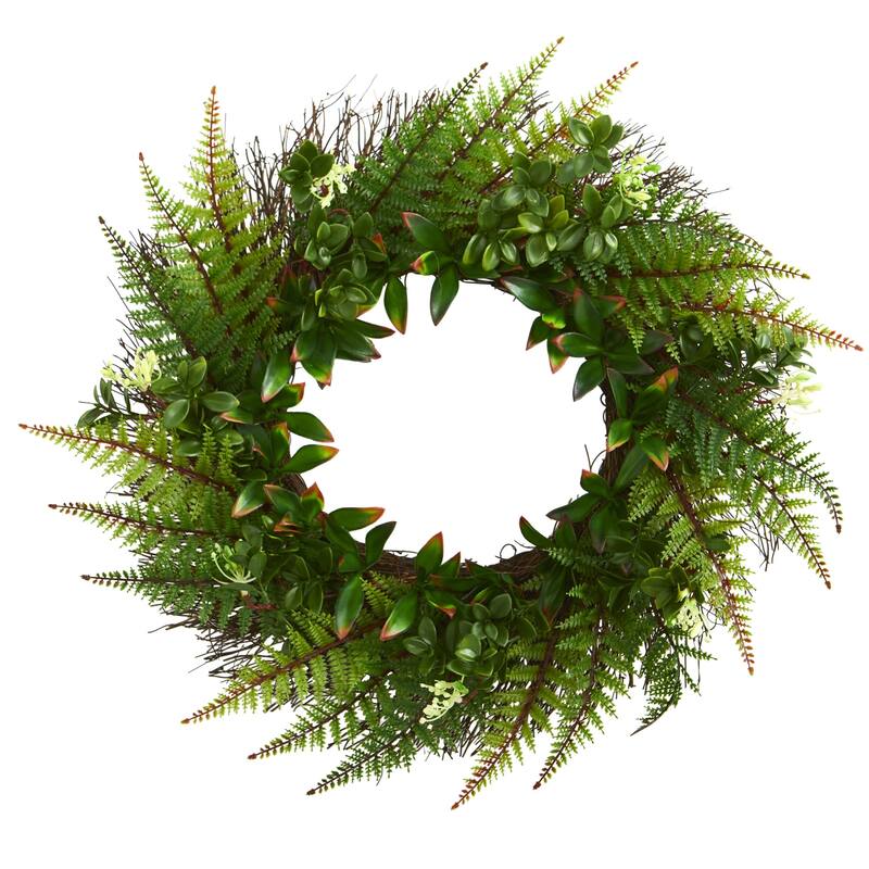 23" Assorted Fern Wreath UV Resistant (Indoor/Outdoor) - 23 in assorted fern wreath