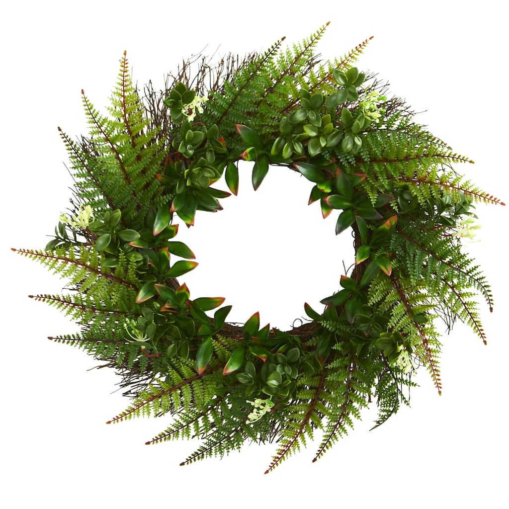 23" Assorted Fern Wreath UV Resistant (Indoor/Outdoor) - 23 in assorted fern wreath