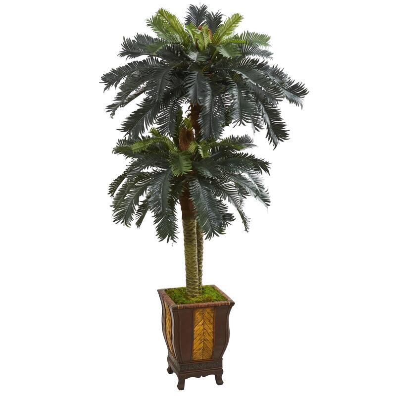 6' Double Sago Palm Artificial Tree in Designer Planter - h: 6 ft. w: 34 in. d: 34 in