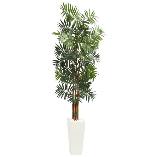 7' Bamboo Palm Artificial Tree in White Tower Planter - h: 7 ft. w: 30 in. d: 30 in.