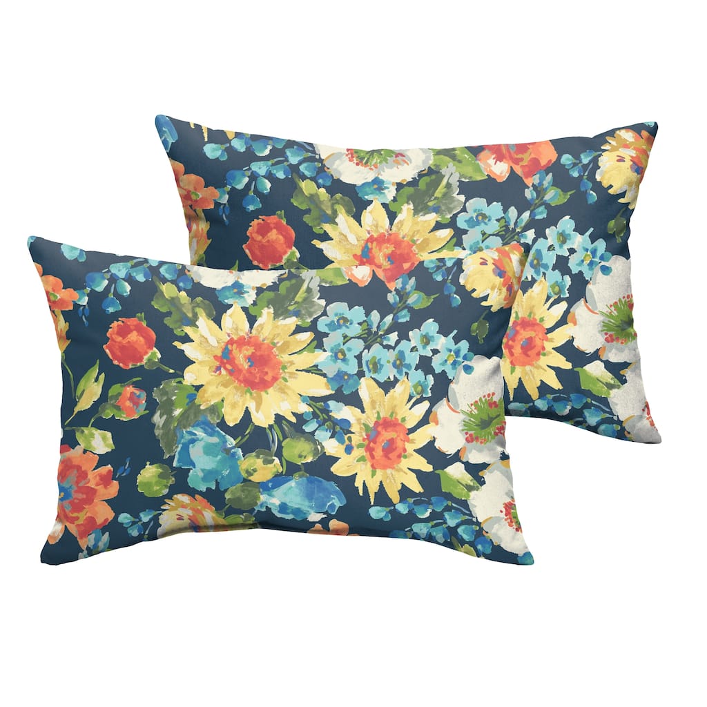 Sorra Home Indoor/ Outdoor Blue Multi Floral Lumbar Pillow, Set of 2