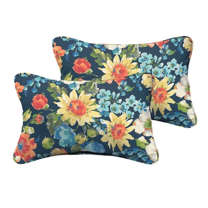Sorra Home Indoor/ Outdoor Blue Multi Floral Lumbar Pillow, Set of 2 - 13 in L x 20 in W