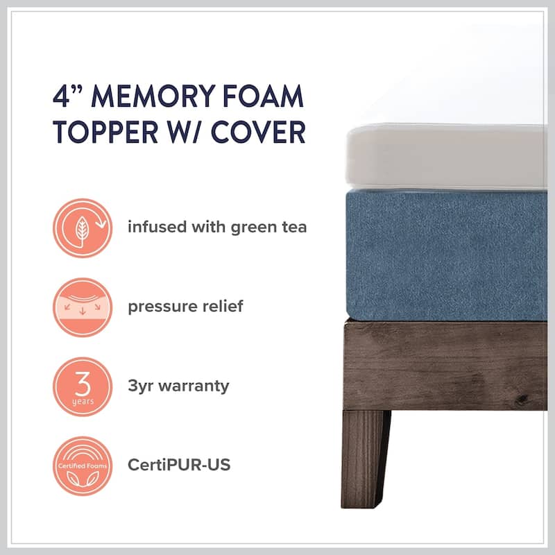 4 Inch Green Tea Infused Memory Foam with Cover - Comfort Crown