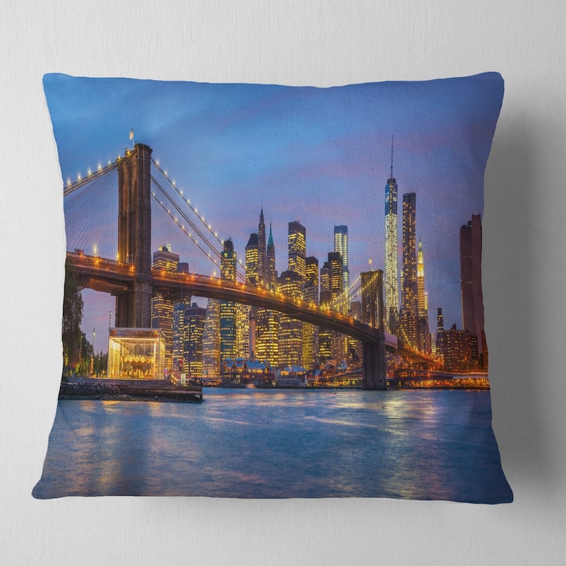 Designart 'Brooklyn Bridge with Lights and Reflections' Cityscape Throw Pillow - Square - 26 in. x 26 in. - Large