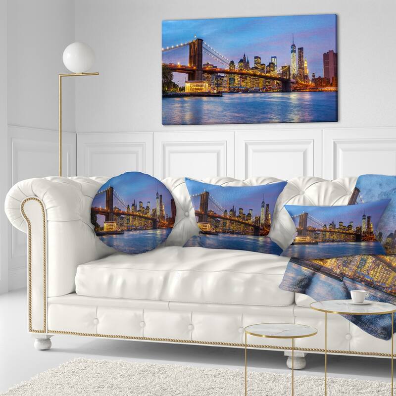 Designart 'Brooklyn Bridge with Lights and Reflections' Cityscape Throw Pillow