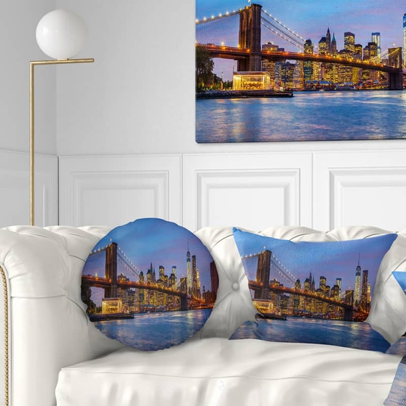 Designart 'Brooklyn Bridge with Lights and Reflections' Cityscape Throw Pillow - Round - 16 inches round - Small