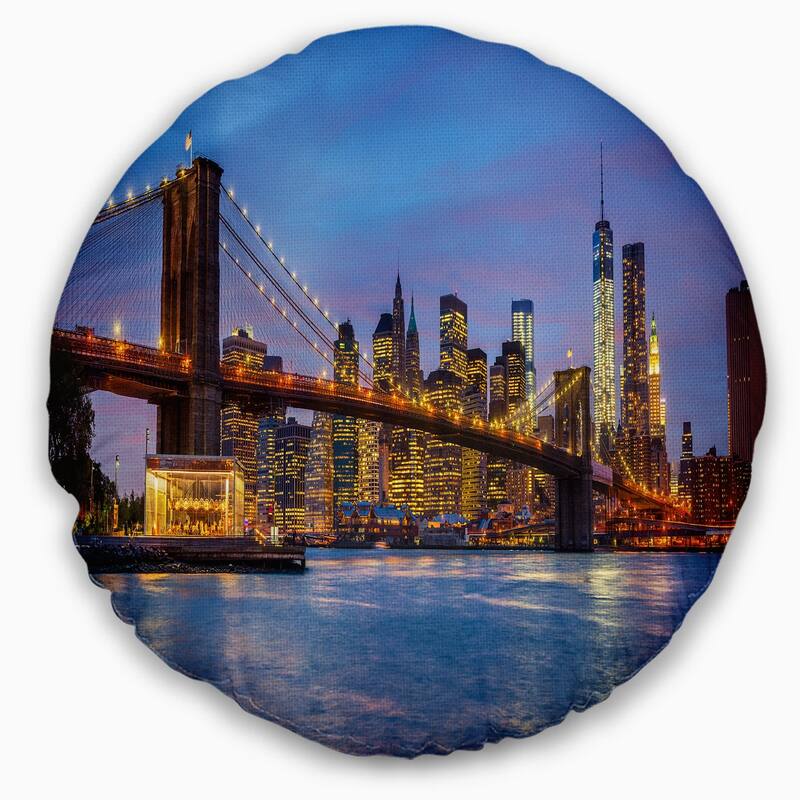 Designart 'Brooklyn Bridge with Lights and Reflections' Cityscape Throw Pillow