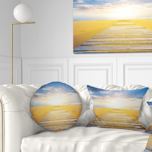 Designart 'Wooden Road at Blue Sea Beach' Sea Bridge Throw Pillow