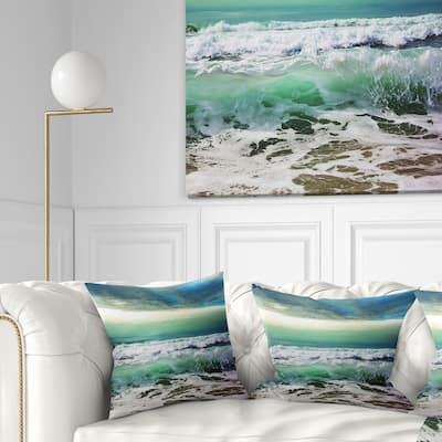 Designart 'Green Foaming Waves and Blue Sky' Seashore Throw Pillow