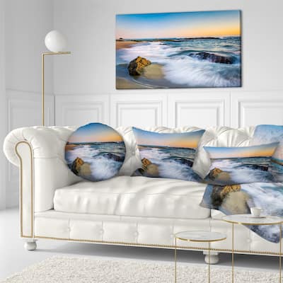 Designart 'White Waves Crashing on Rocks' Seascape Throw Pillow