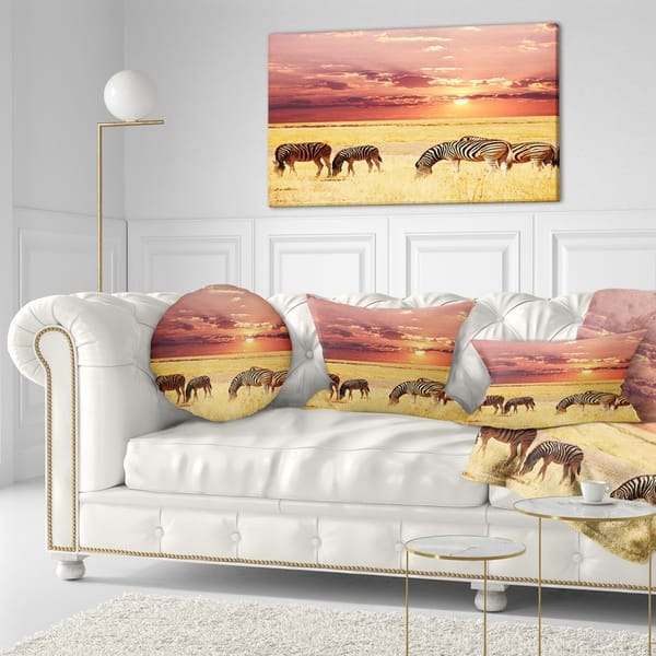 Designart 'Zebras Grazing Together at Sunset' Modern Landscape Printed ...