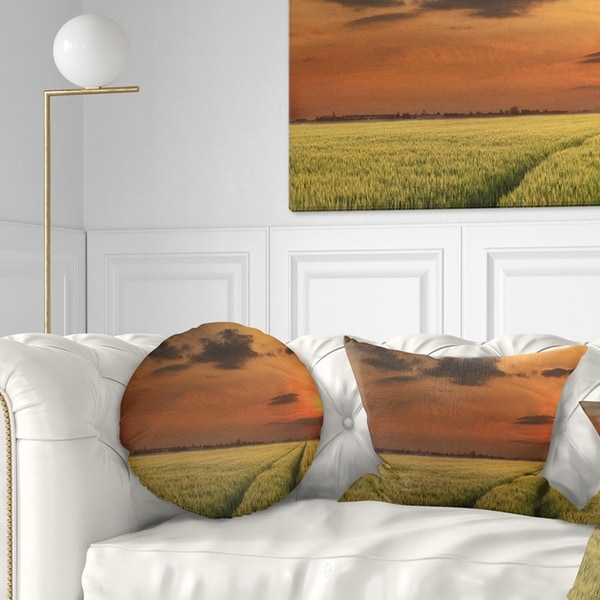 Designart 'Sunset over a Field of Cereals' Landscape Printed Throw Pillow