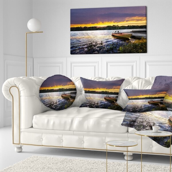 Designart 'Boat Docked in Lake at Sunset' Modern Seashore Throw Pillow