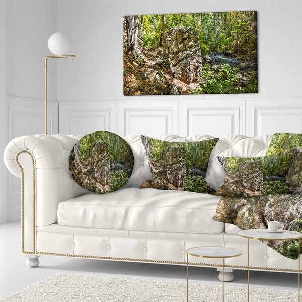 Designart 'Huge Rock in Black River Shore' Landscape Printed Throw Pillow