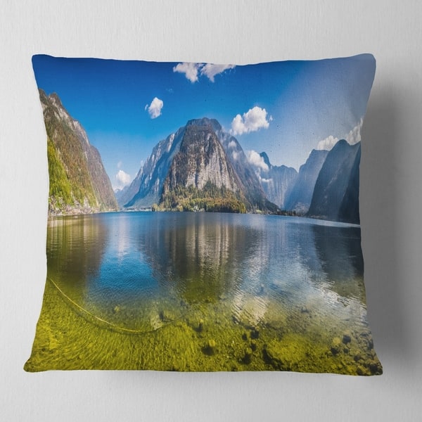 Designart Crystal Clear Mountain Lake In Alps Landscape Printed Throw Pillow Overstock 20944355