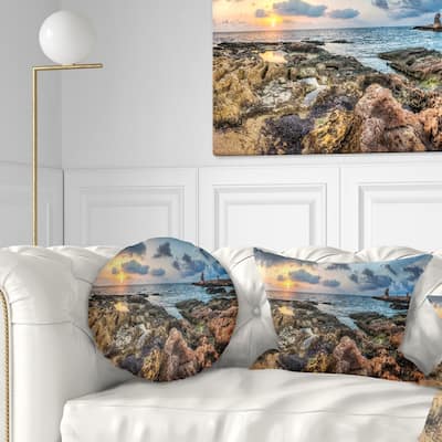Designart 'Rocky Blue Seashore Sunset' Seashore Throw Pillow