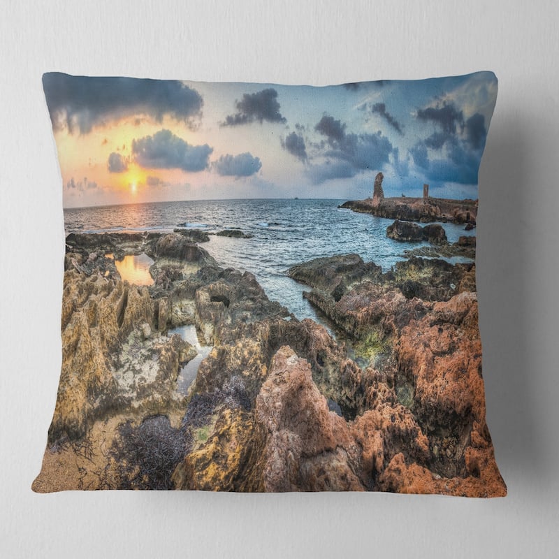 Designart 'Rocky Blue Seashore Sunset' Seashore Throw Pillow - Square - 26 in. x 26 in. - Large