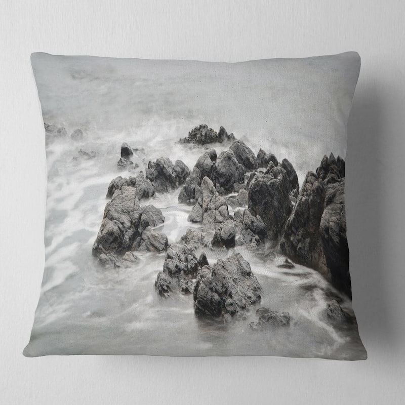 Designart 'Black and White Rocky Coastline' Seashore Throw Pillow - Square - 18 in. x 18 in. - Medium