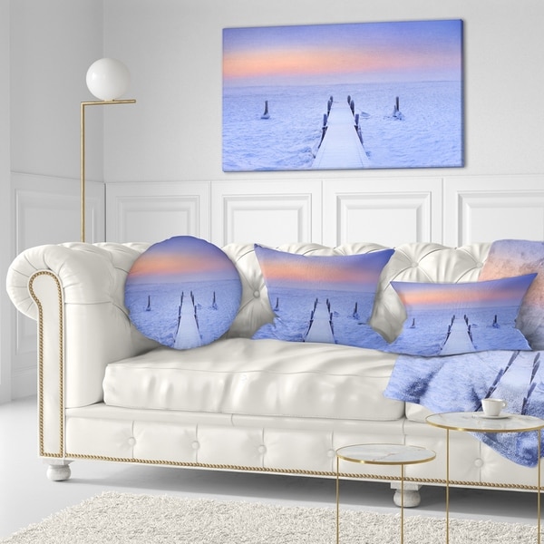 Designart 'Jetty in Frozen Lake Netherlands' Wooden Sea Bridge Throw Pillow