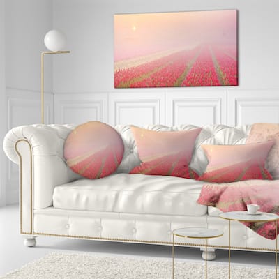 Designart 'Sunrise over Rows of Tulips' Landscape Printed Throw Pillow