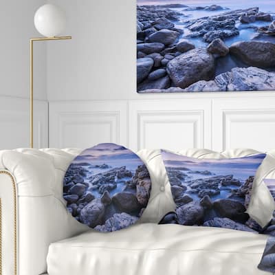 Designart 'Rocky Blue Seashore in Morning' Modern Seascape Throw Pillow