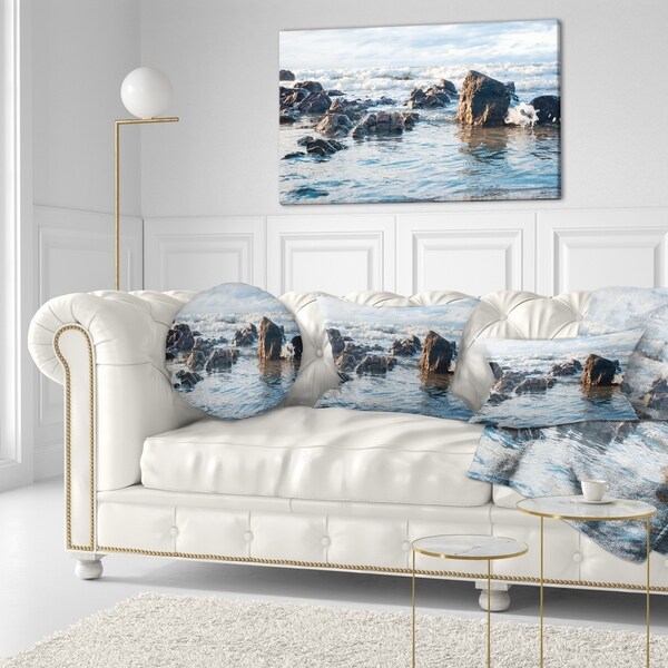 Designart 'Sea Foam in Empty Rocky Seaside' Seascape Throw Pillow