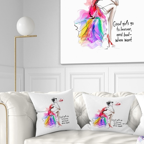 Designart 'Pretty Fashion Girl Pink' Abstract Portrait Throw Pillow