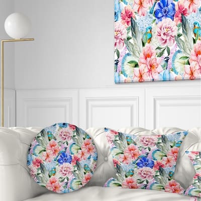 Designart 'Colorful Flowers and Birds Watercolor' Flower Throw Pillow