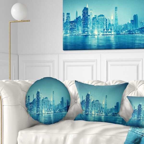 Designart 'Blue New York at Night' Cityscape Digital Throw Pillow