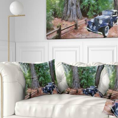 Designart 'Vintage Car in Forest' Landscape Painting Throw Pillow