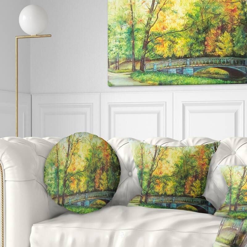 Designart 'Bridge in Colorful Forest' Landscape Painting Throw Pillow - Round - 16 inches round - Small