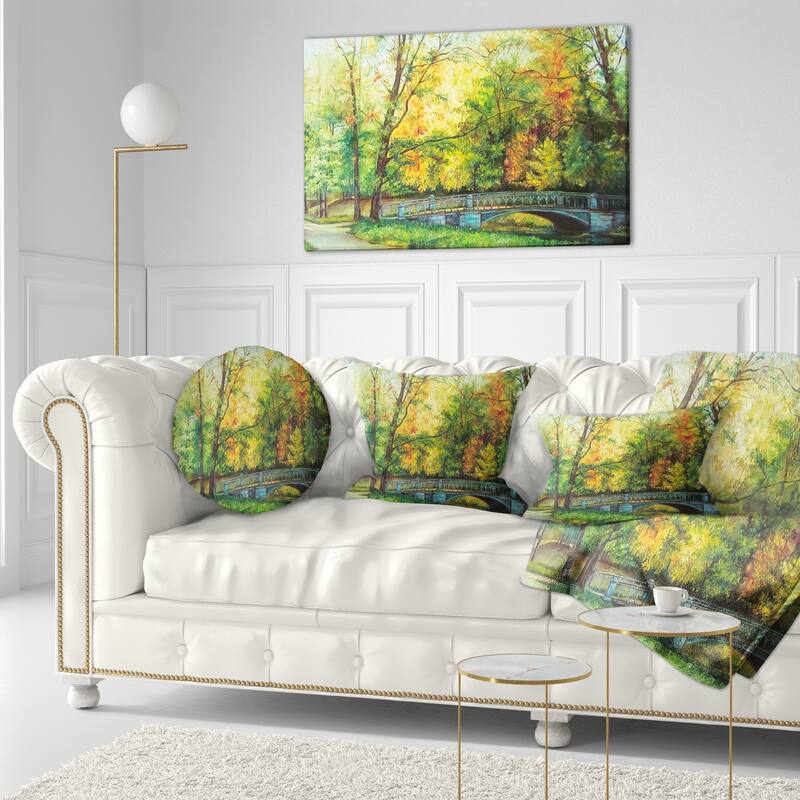 Designart 'Bridge in Colorful Forest' Landscape Painting Throw Pillow