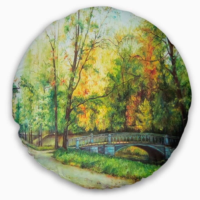 Designart 'Bridge in Colorful Forest' Landscape Painting Throw Pillow
