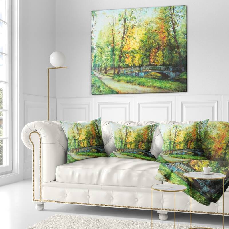 Designart 'Bridge in Colorful Forest' Landscape Painting Throw Pillow