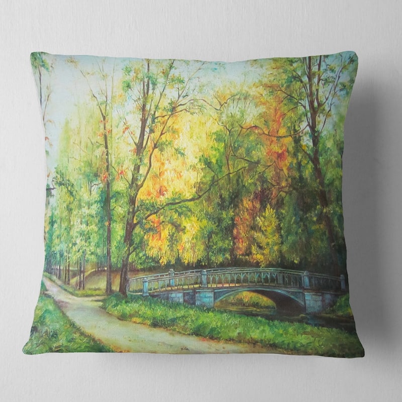 Designart 'Bridge in Colorful Forest' Landscape Painting Throw Pillow