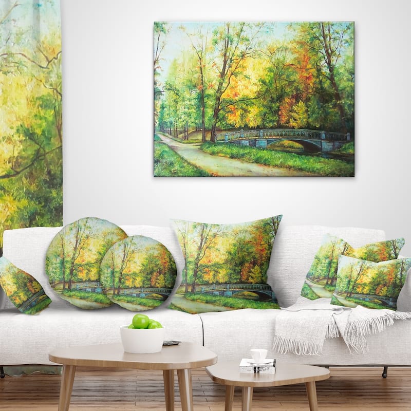 Designart 'Bridge in Colorful Forest' Landscape Painting Throw Pillow